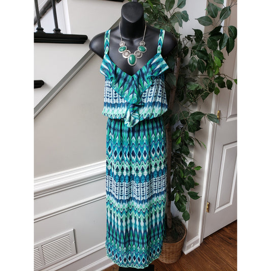 Faded Glory Long Maxi Dress Women 2X Green & Blue Ruffle Strap V-Neck Sleeveless