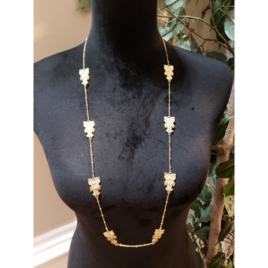Womens Gold Tone Enamel Bow Crystal Long Owl Necklace with Lobster Clasp