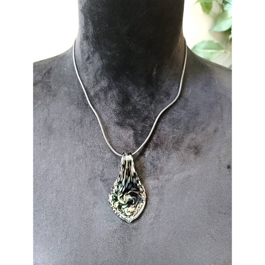 Women's Black Glass Pendant Necklace Swirl Drop Art Style with Lobster Clasp