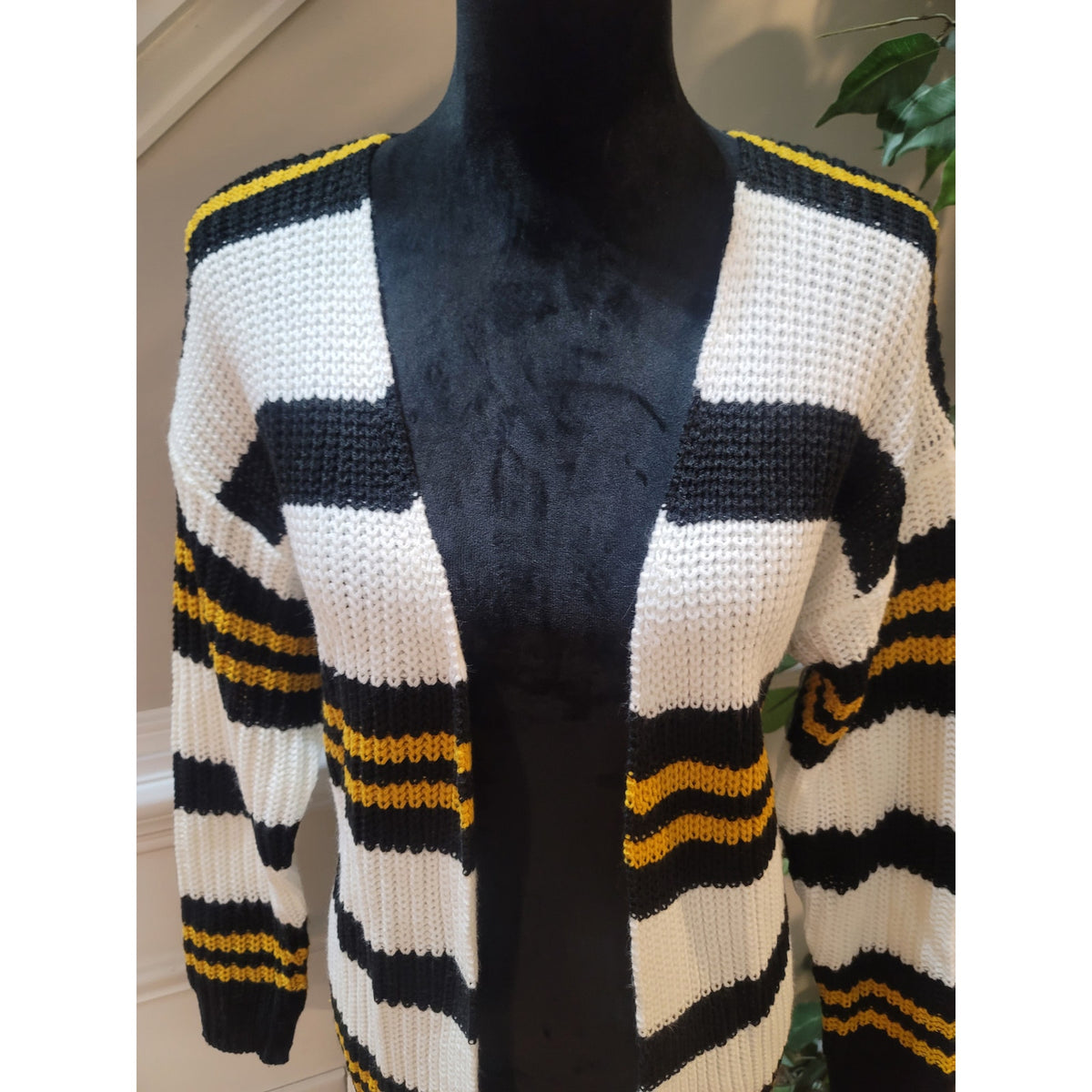 Evelyn Taylor Cardigan Sweater Women's Small Black/White Striped Open Front