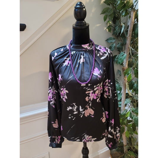 Worthington Blouse Women's Size Large Black Pink Floral Long Sleeve Top