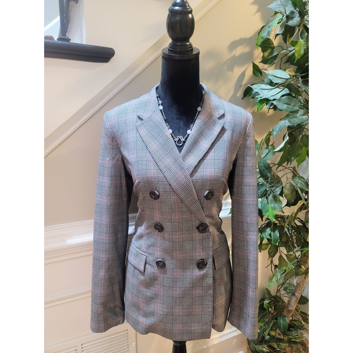 Guess Blazer Women Small Gray/Black Plaid Double Breasted Faux Pocket Lined