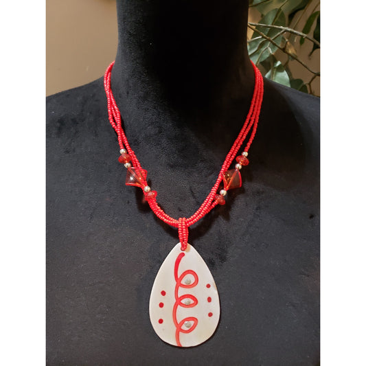 Women 3 Strand Red Seed Beads White Acrylic Teardrop Pendant Necklace w/ Lobster