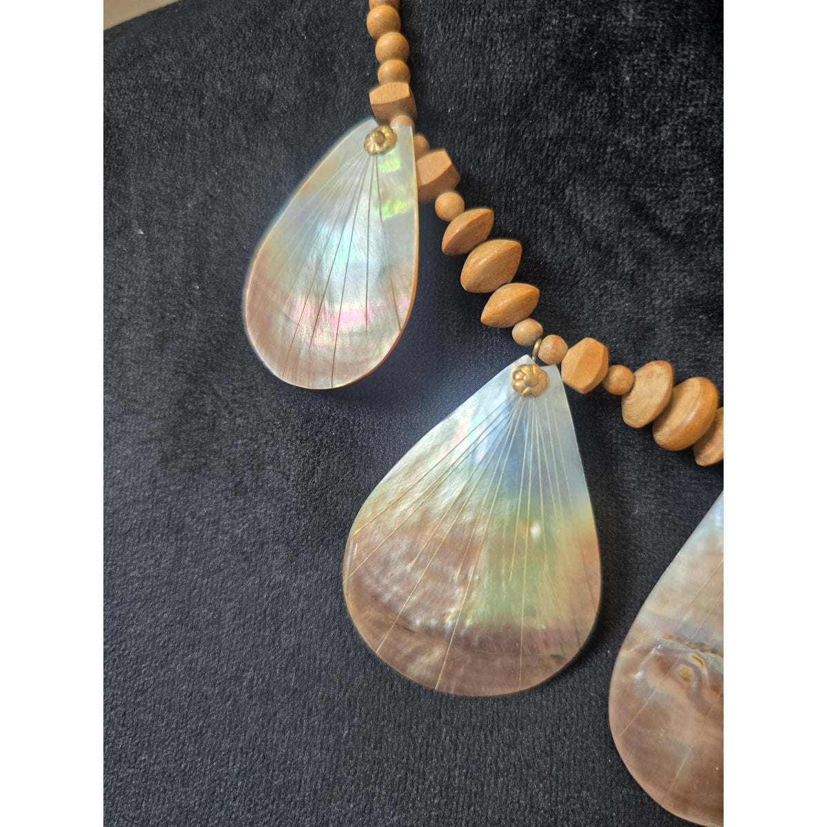 Lightweight Brown Wood Bead Iridescent Shell Teardrop Statement Necklace