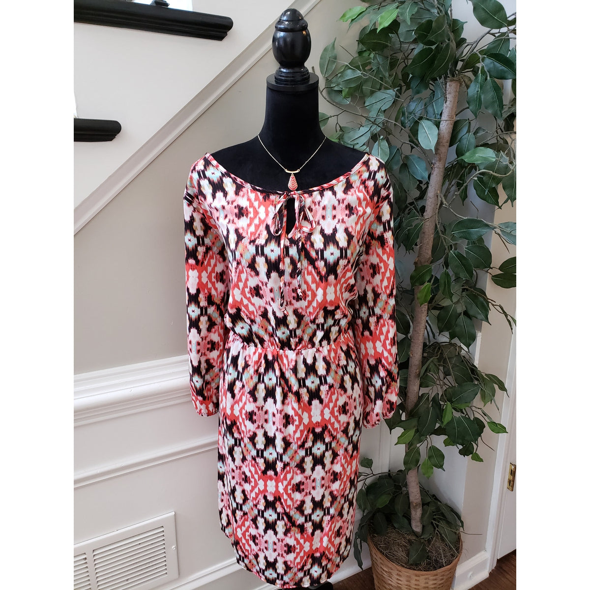 Uibar Rose Fit & Flare Dress Women's Size 2X Orange Beige Scoop Neck Long Sleeve