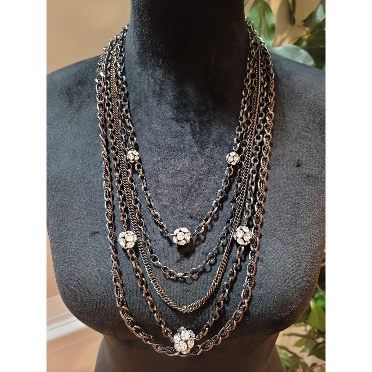 Womens Layered Gray Chain Necklace With Crystal Flower Accents Statement Jewelry