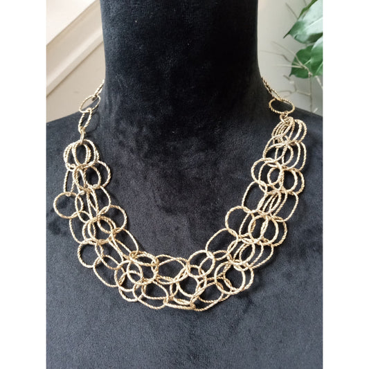 Gold Tone Multi Circle Link Statement Bib Necklace Lightweight Modern Boho Chic