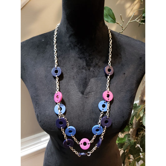Women's Multicolor Circle Link Necklace Pink Blue Purple Acrylic Lobster Clasp