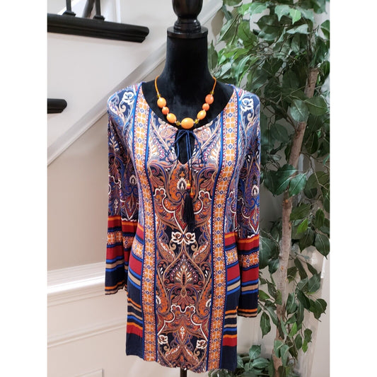 Ruby Rd. Women's Multi Paisley Long Sleeve Round Neck Drawstring Top Blouse 1X