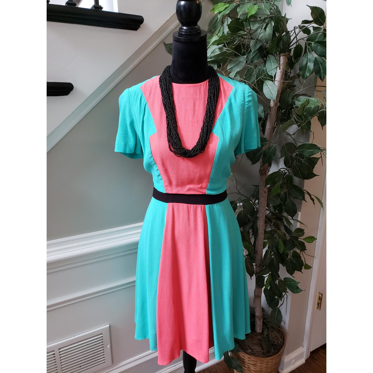 Womens Dress Womens Small Blue Pink Colorblock Lined Empire Waist Back Zip