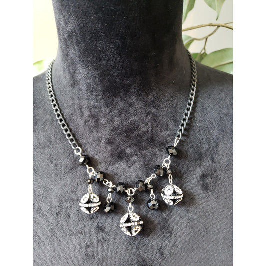Womens Retro Faceted Black Crystal Beaded Rhinestone Encrusted Balls Necklace