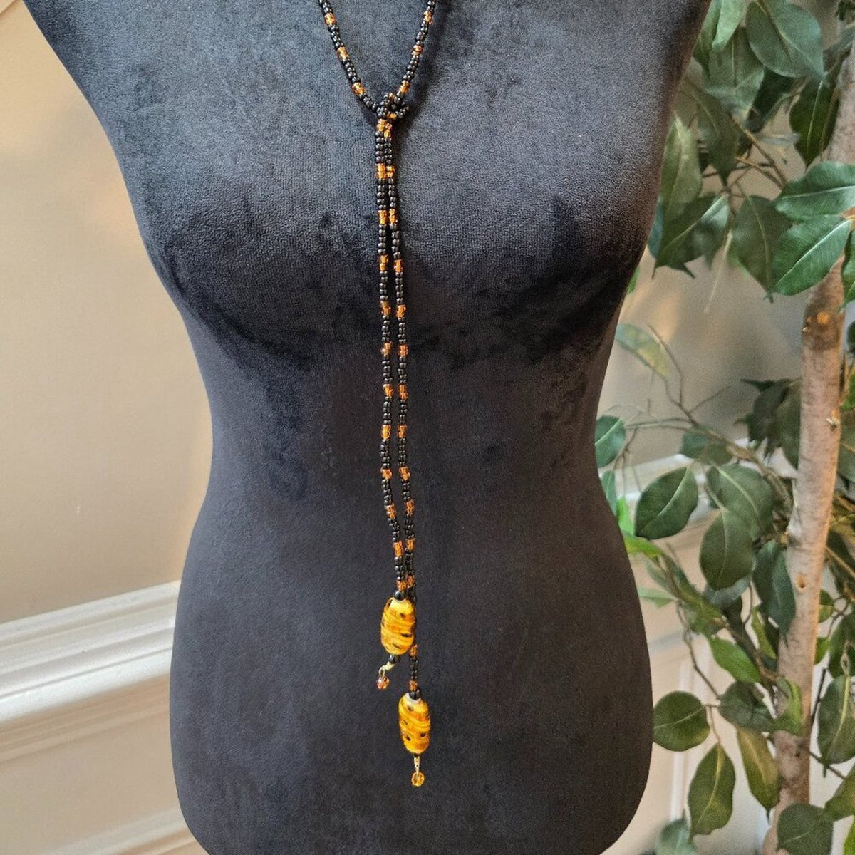 Womens Black Glass Seed & Baltic Amber Beads Adjustable Hallie Lariat Necklace
