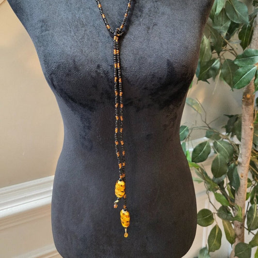 Womens Black Glass Seed & Baltic Amber Beads Adjustable Hallie Lariat Necklace