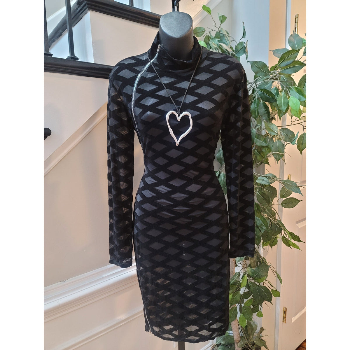 Bodycon Dress Womens Small Black Sheer Geometric Long Sleeve Cocktail Party