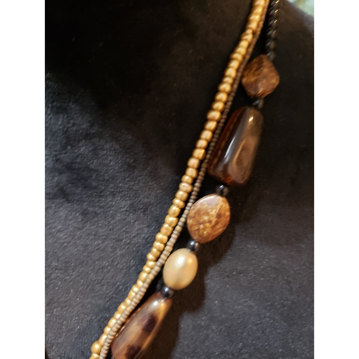 Womens 3 Layer Wood Resin Seed Beads Animal Print Pendant Necklace with Lobster