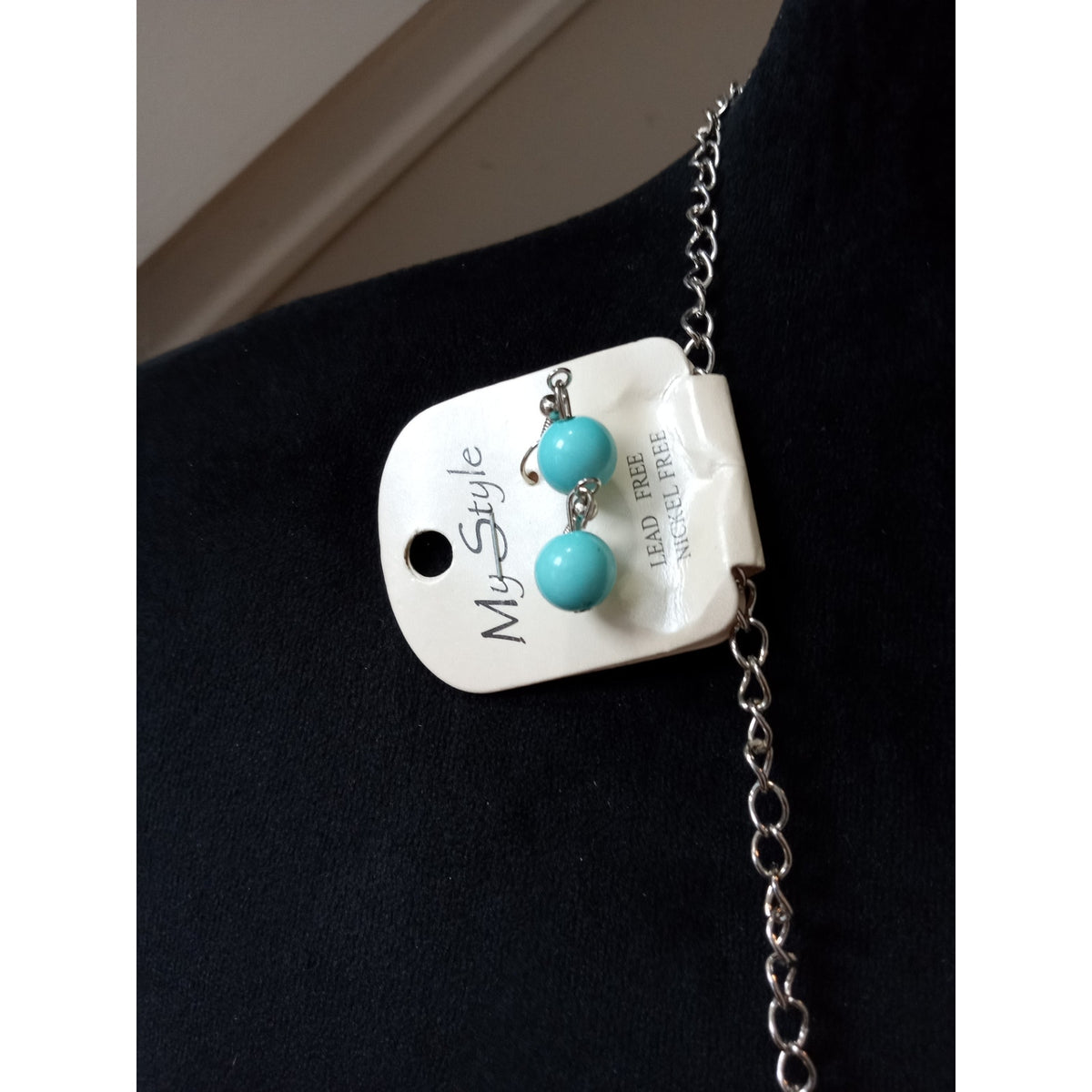 Long Turquoise Beaded Necklace Blue Glass Beads Silver Tone Boho Statement Set