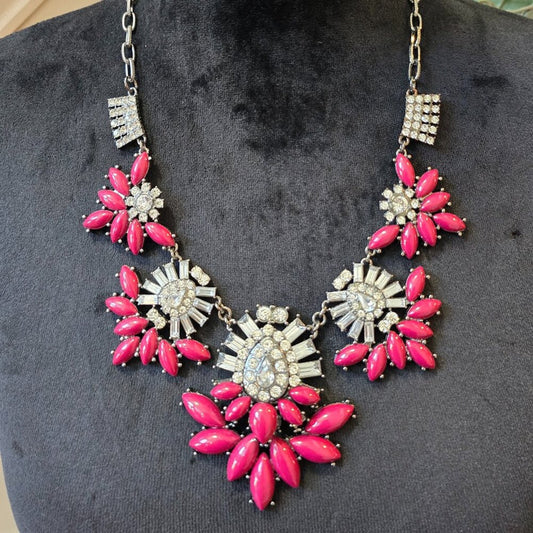 Womens Pink Rhinestone Flower Shaped Silver Tone Chain Necklace with Lobster Cla