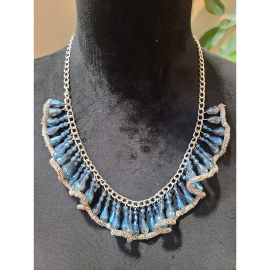 Women's Silver Tone Blue Faceted Crystal Bib Necklace Statement Fashion Jewelry