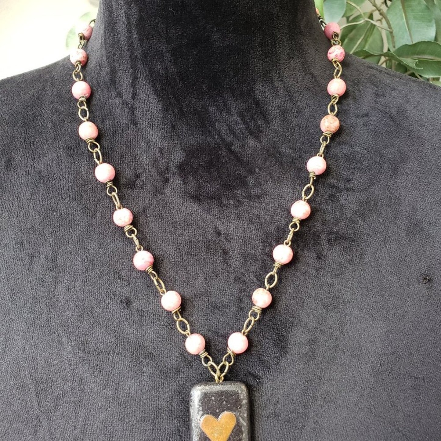 Womens Black Marble Pendant Pink Beaded Necklace Jewelry with Lobster Clasp