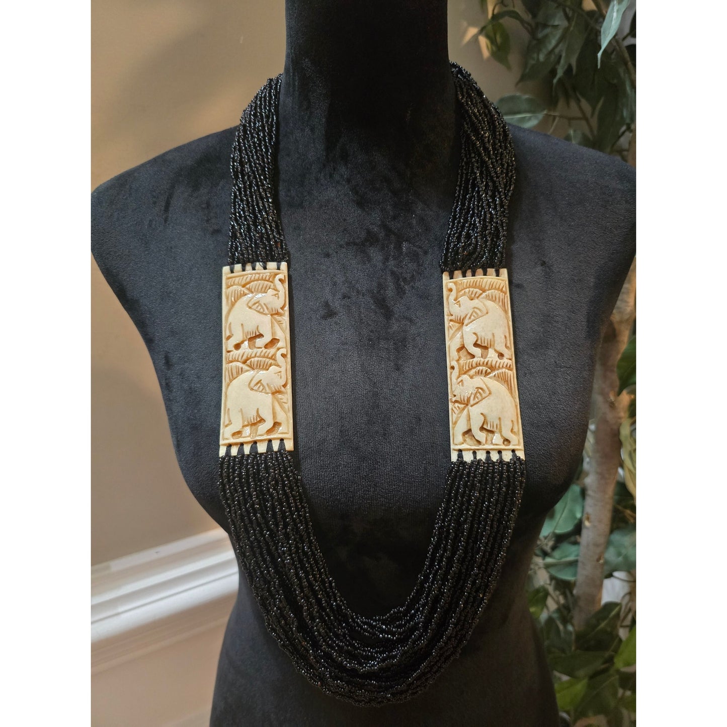 Women's Multi Strand Black Beaded Necklace With Gold Accents Lobster Claw Clasp