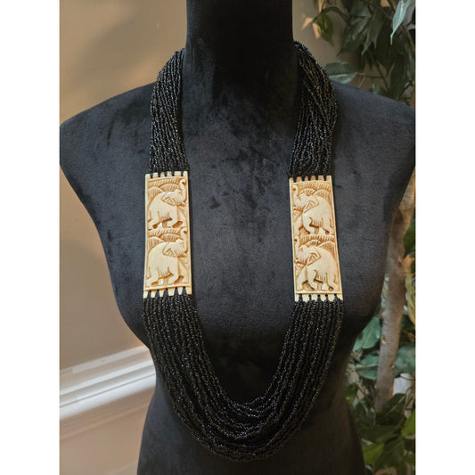 Women's Multi Strand Black Beaded Necklace With Gold Accents Lobster Claw Clasp