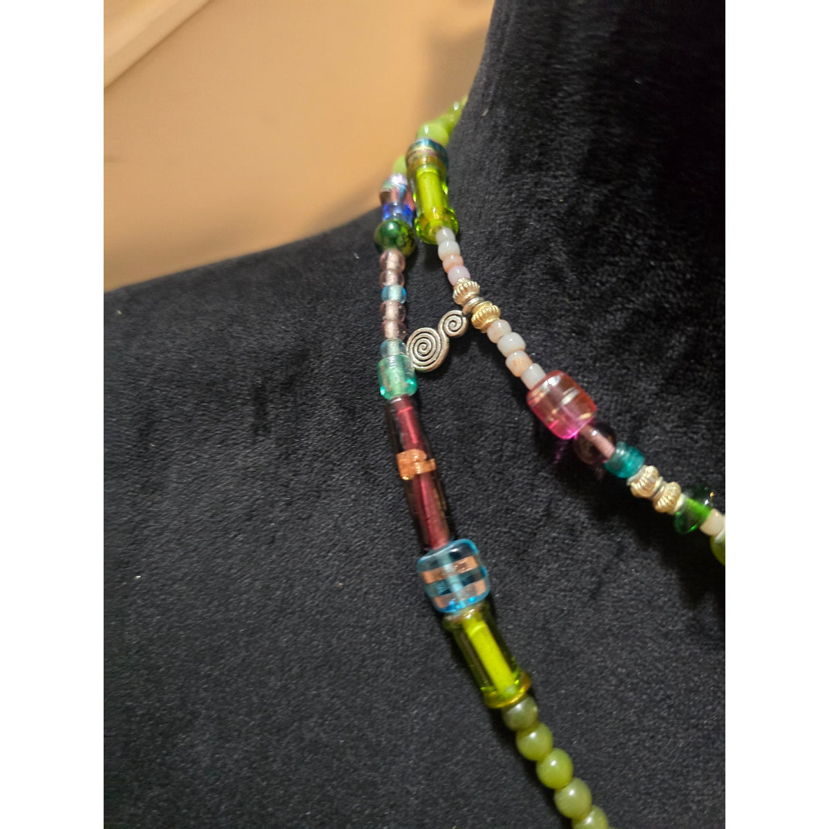 Women Colorful Glass Beaded Necklace Double Strand Green Pendant Handmade Boho