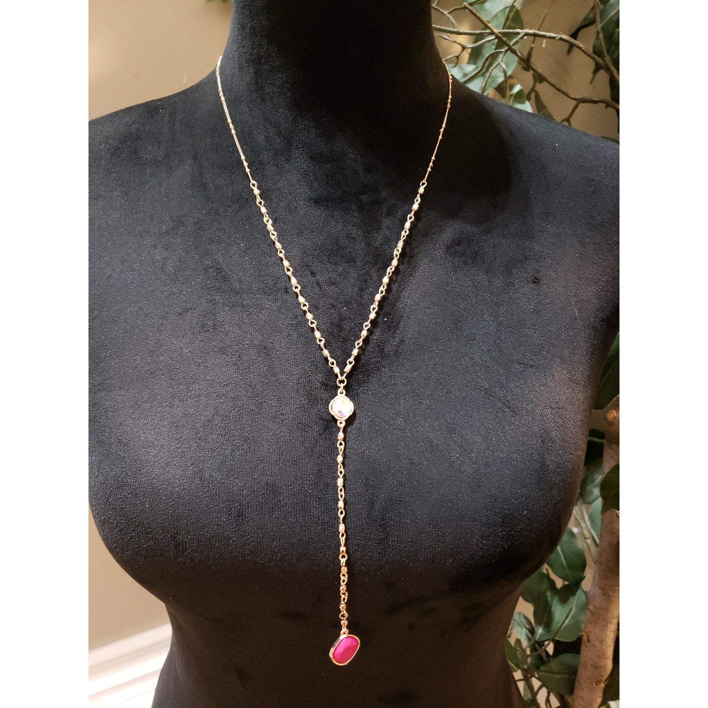 Womens Yellow Gold Ruby Infinity Station Lariat Y Drop Pink Stone Necklace