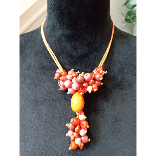 Vintage Coral Red Orange Beaded Tassel Pendant Statement Necklace Gold Tone