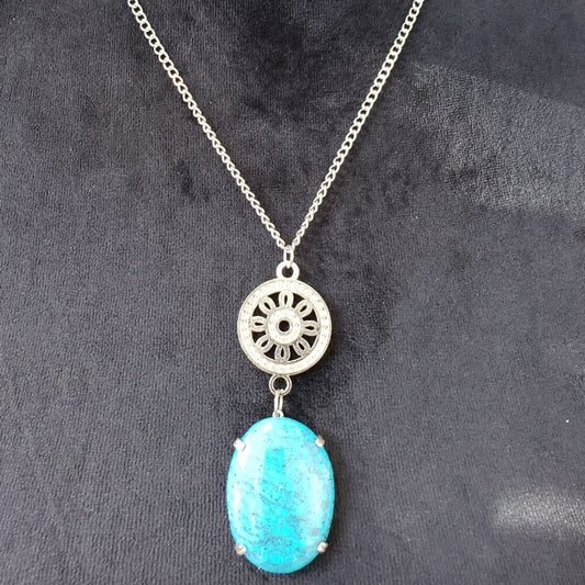 Womens Hollow Circle & Oval Turquoise Stone Pendant Necklace w/ Lobster Clasp
