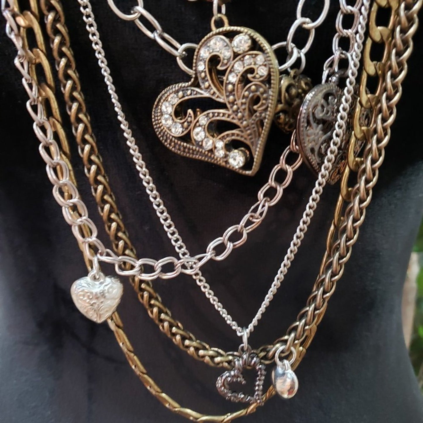 Womens Fashion Brass Multi Strand Heart Pendant Statement Necklace Lobster Clasp