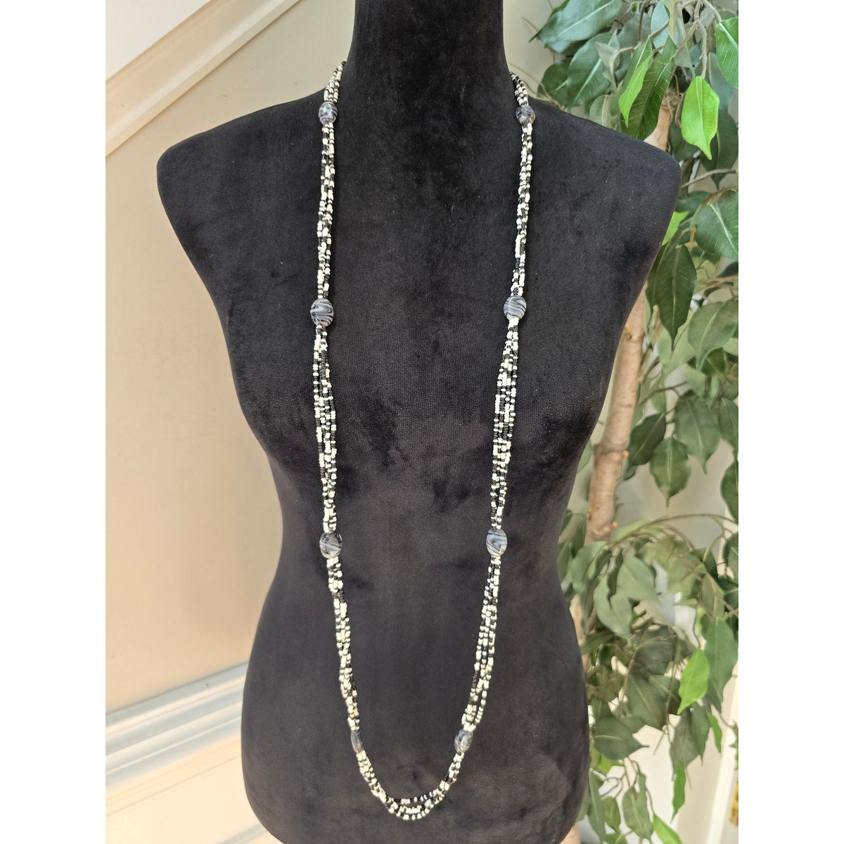Multi Strand Black White Beaded Statement Necklace Gray Stone Accents