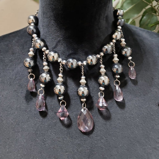 Womens Fashion Purple Czech Glass & Silver Beads Collar Necklace w/Lobster Clasp
