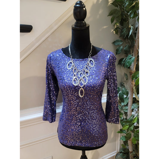 Calvin Klein Blouse Women’s Size Small Purple Sequin Crew Neck 3/4 Sleeves