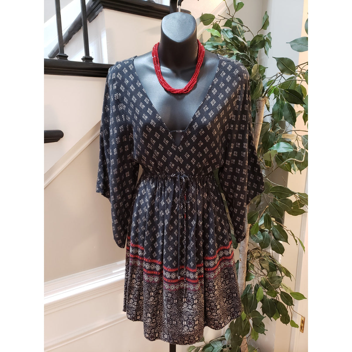 Abercrombie & Fitch Boho Mini Dress Womens XS Blue Argyle Tie Waist 3/4 Sleeve