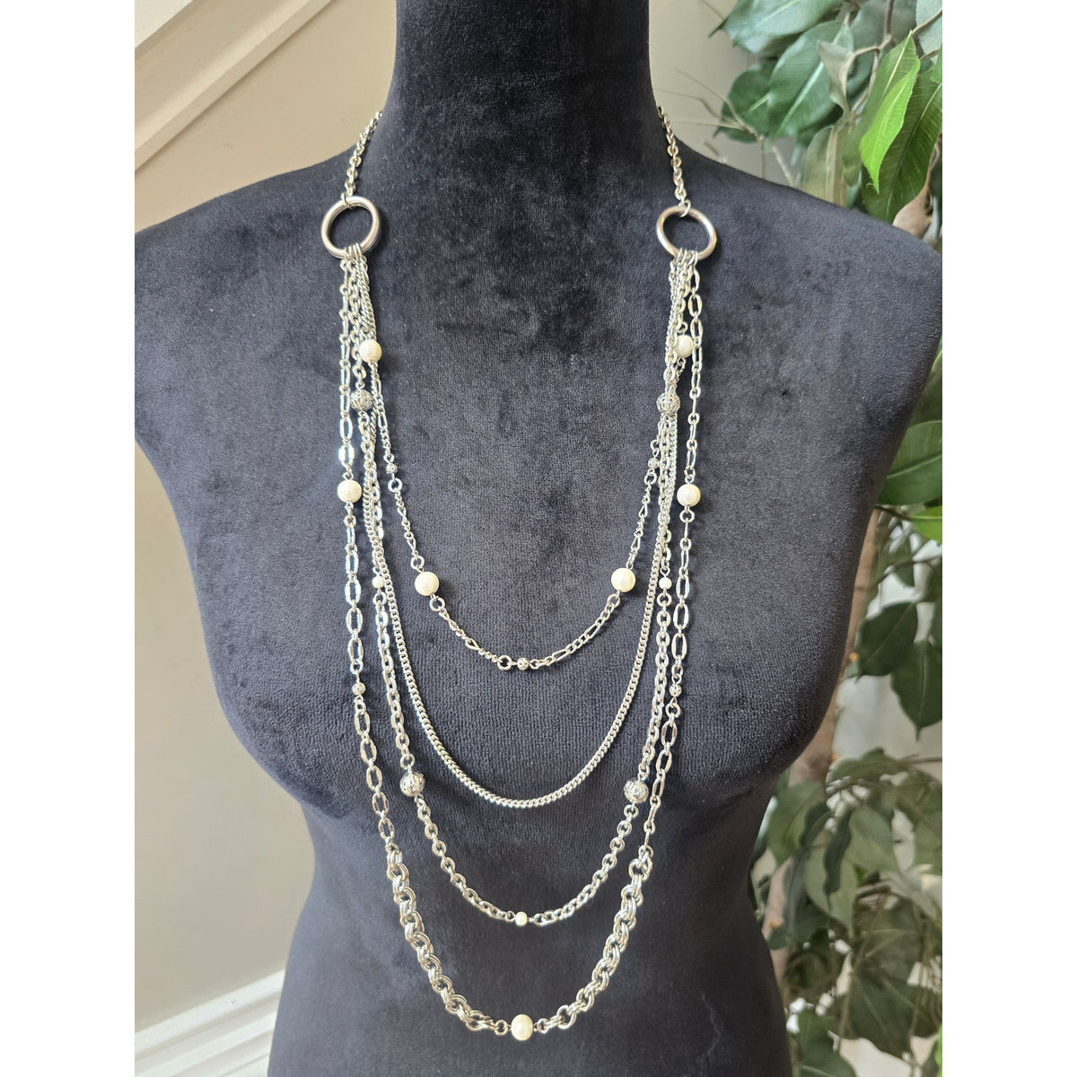 Silver Tone Multi Layer Draped Chain Faux Pearl Statement Necklace