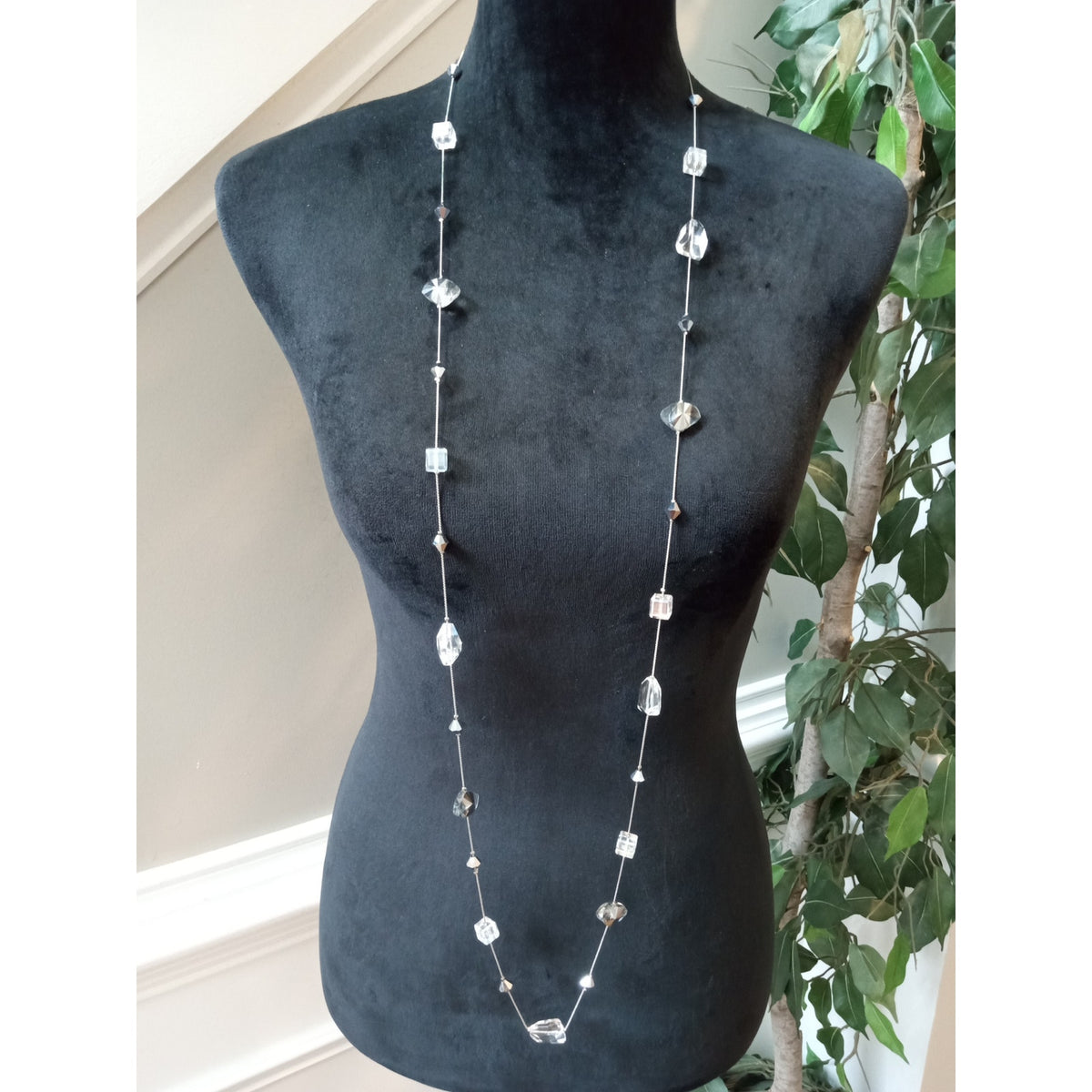 Long Strand Silver Tone Faceted Crystal Geometric Bead Statement Necklace