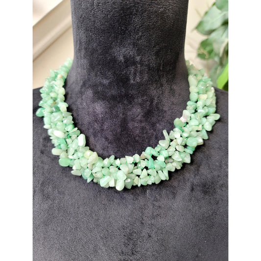 Women's Green Aventurine Chip Stone Multi Strand Necklace Handmade Statement