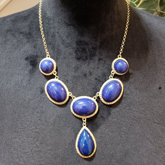 Women Fashion Blue Gemstone Gold Tone Chain Necklace Jewelry w/ Lobster Clasp