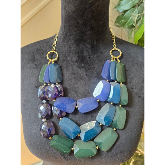 Blue Green Purple Chunky Stone Multi Strand Statement Necklace Boho Fashion