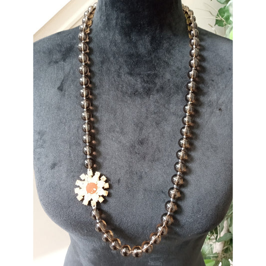Long Brown Beaded Necklace Floral Medallion Pendant Boho Vintage Statement