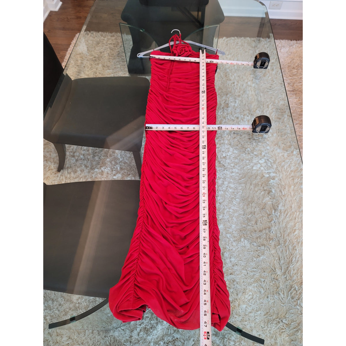 Fashion Nova Strapless Midi Dress Women's Medium Red Ruched 3D Floral Corsage