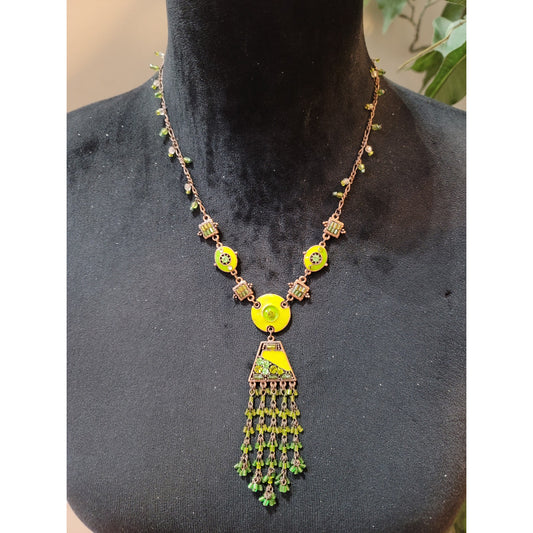 Women's Green Enamel Fringe Necklace With Beaded Chain Lobster Clasp