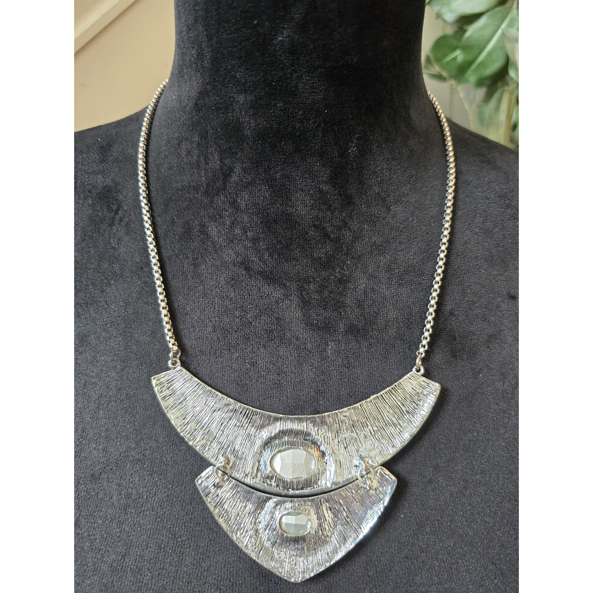 Silver Geometric Crystal Bib Statement Necklace