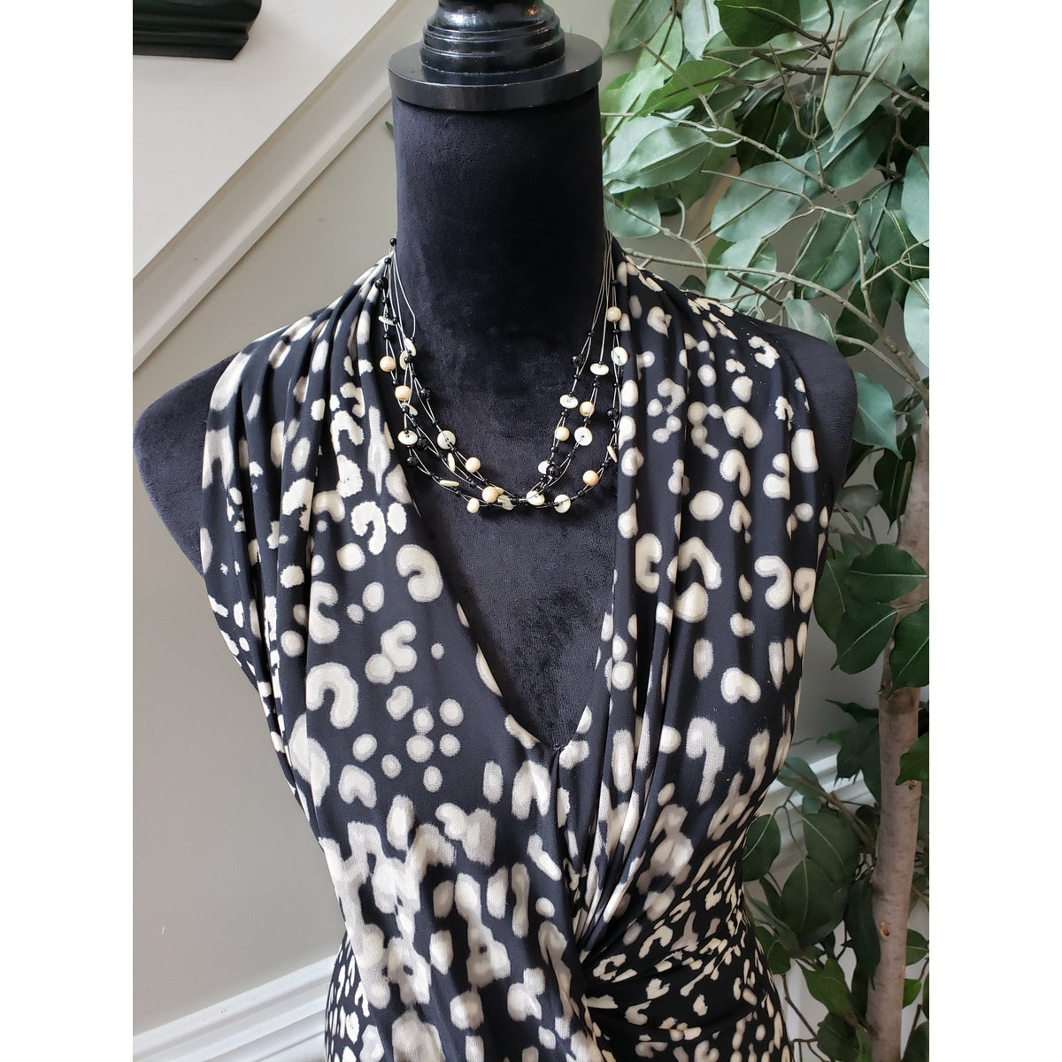 Donna Morgan Fit & Flare Dress Womens 12 Black White Leopard Stretch Sleeveless