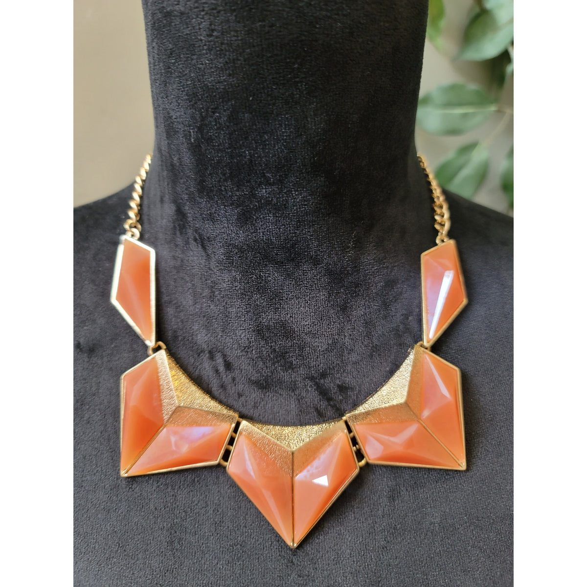 Women's Bold Orange Geometric Statement Necklace On Gold Chain With Faceted Bead
