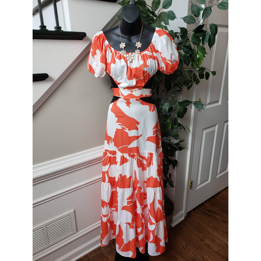 Womens Long Maxi Dress S White Orange Floral Back Cut Out Round Neck Puff Sleeve