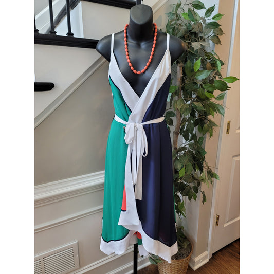 New York & Company Wrap Midi Dress Women's XL Multi Colorblock Asymmetrical Hem