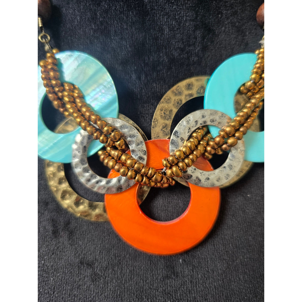 Turquoise Orange Gold Tone Oversized Mixed Circle Beaded Boho Necklace