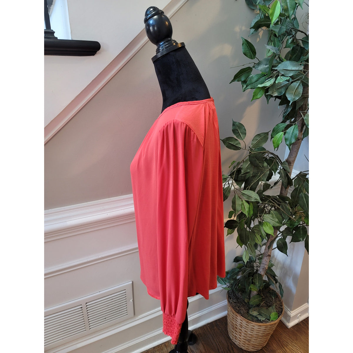 Loft Blouse S Red Ruched Boat Curved Hem Keyhole Back Bishop Sleeve Pullover