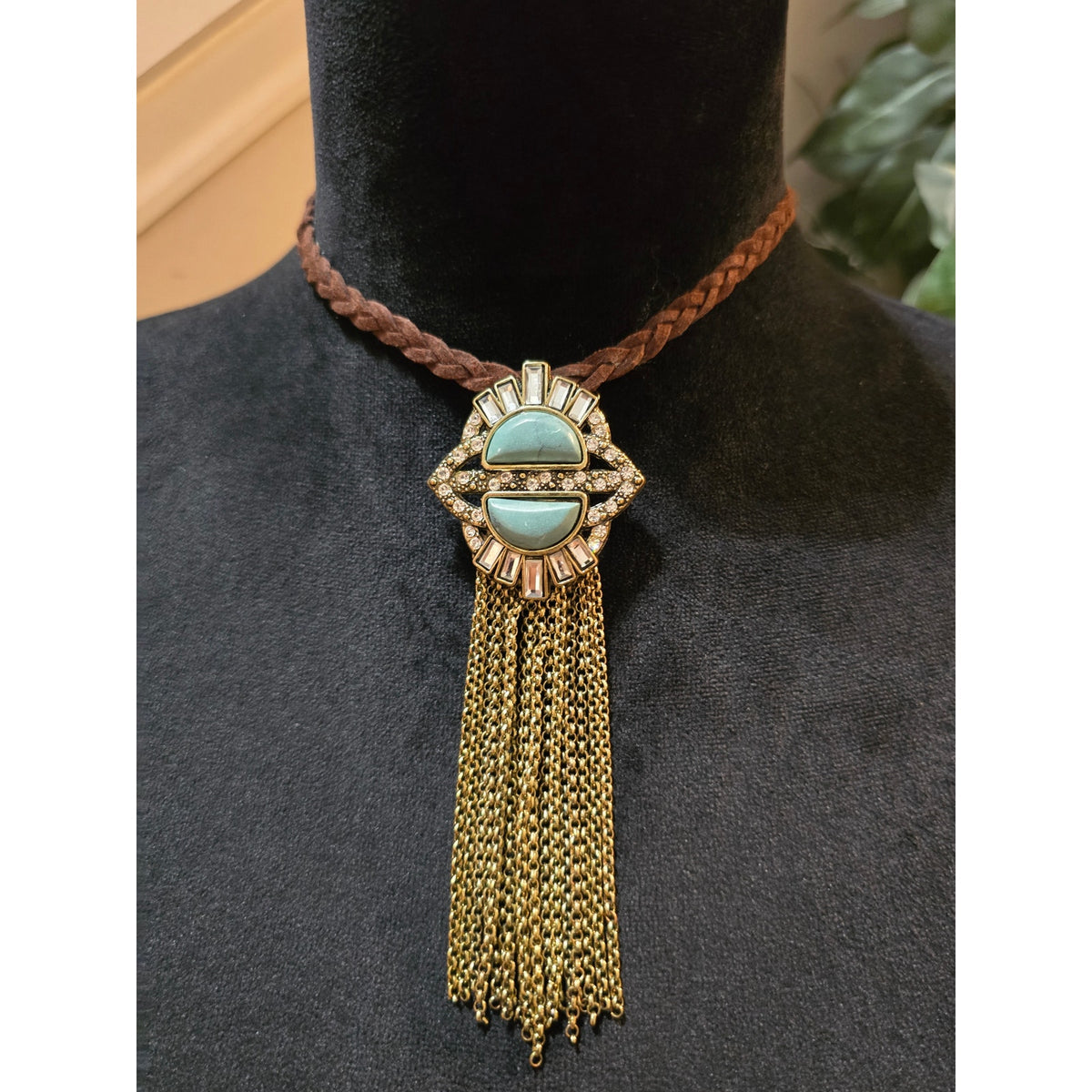 Women's Boho Statement Necklace Turquoise Tone Pendant Gold Fringe Brown Cord